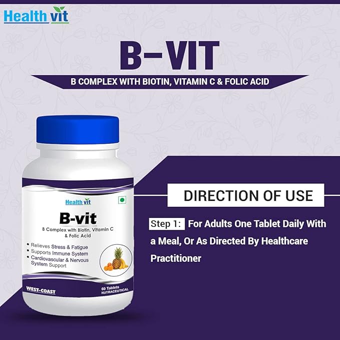Healthy B-Vit Complex Plus: Complete Formula with Biotin, Vitamin C, and Folic Acid | Hair, Skin, and Nails | Boost Metabolism, Energy, and Immune System | 60 Tablets