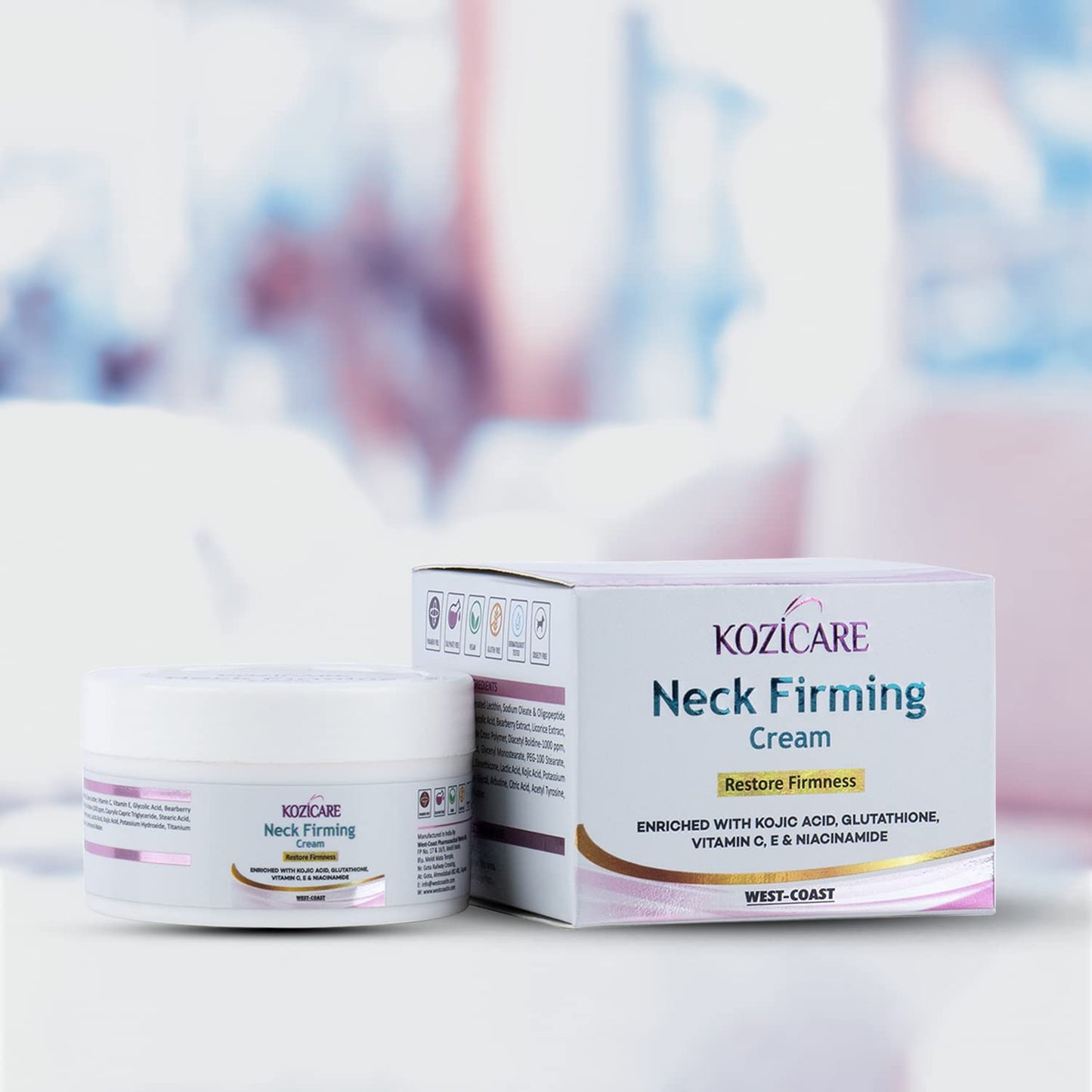 Kozicare Neck Firming Cream with 0.01% Glutathione, 2% Vitamin C, 0.01% Vitamin E, 1% Niacinamide, 1% Kojic Acid | Helps Tightening & Firming the Skin | Reduces Wrinkles and Sagging Skin |Nourishes & Heals the Skin-50gm