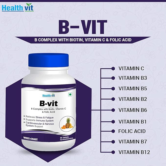 Healthy B-Vit Complex Plus: Complete Formula with Biotin, Vitamin C, and Folic Acid | Hair, Skin, and Nails | Boost Metabolism, Energy, and Immune System | 60 Tablets