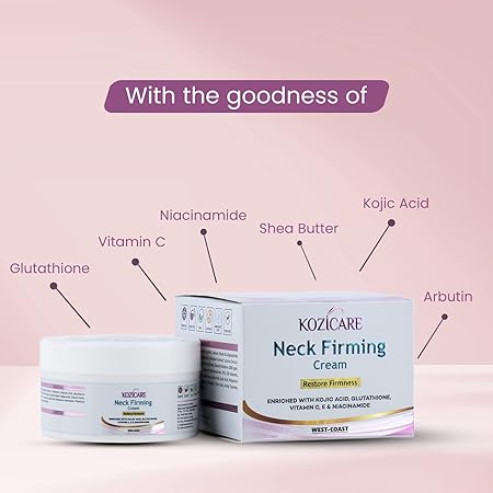 Kozicare Neck Firming Cream with 0.01% Glutathione, 2% Vitamin C, 0.01% Vitamin E, 1% Niacinamide, 1% Kojic Acid | Helps Tightening & Firming the Skin | Reduces Wrinkles and Sagging Skin |Nourishes & Heals the Skin-50gm
