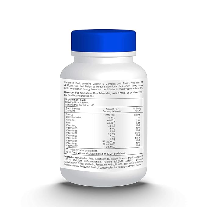 Healthy B-Vit Complex Plus: Complete Formula with Biotin, Vitamin C, and Folic Acid | Hair, Skin, and Nails | Boost Metabolism, Energy, and Immune System | 60 Tablets