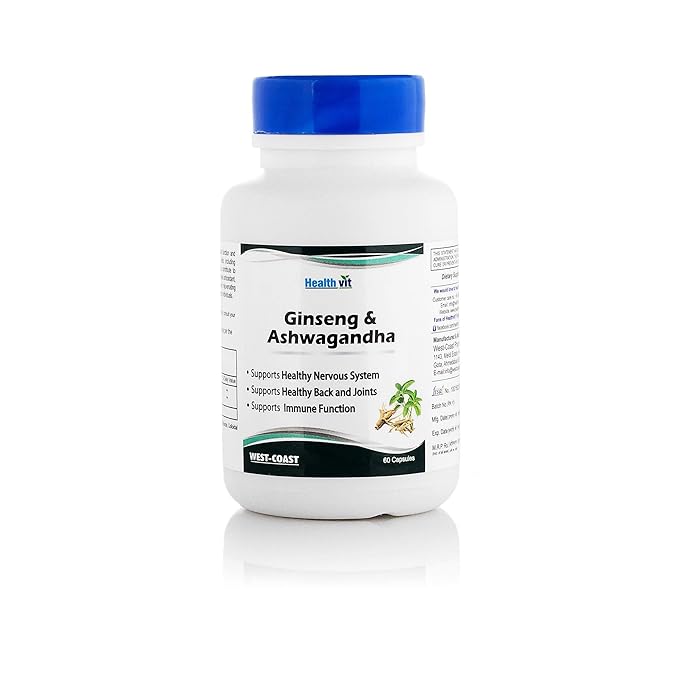 Healthvit Ginseng With Ashwagandha For Healthy Nervous System | Ashwagandha Powder 200mg & Ginseng Extract 200mg |For Healthy Back And Joints | Maintain Good Health | Supports Immune Function | Vegan And Gluten Free | 60 Capsules