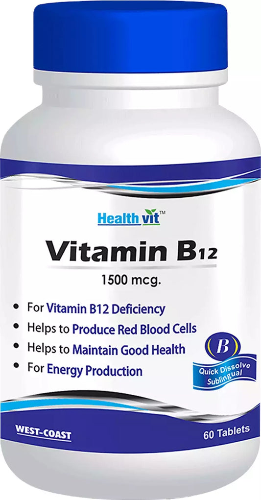Healthvit Vitamin B12  With Folic Acid | Provides Bone & Dental Health Support | Helps Improves Mood & Metabolism | Supports Cognitive Health | Vegan & Non-GMO | 60 Tablets